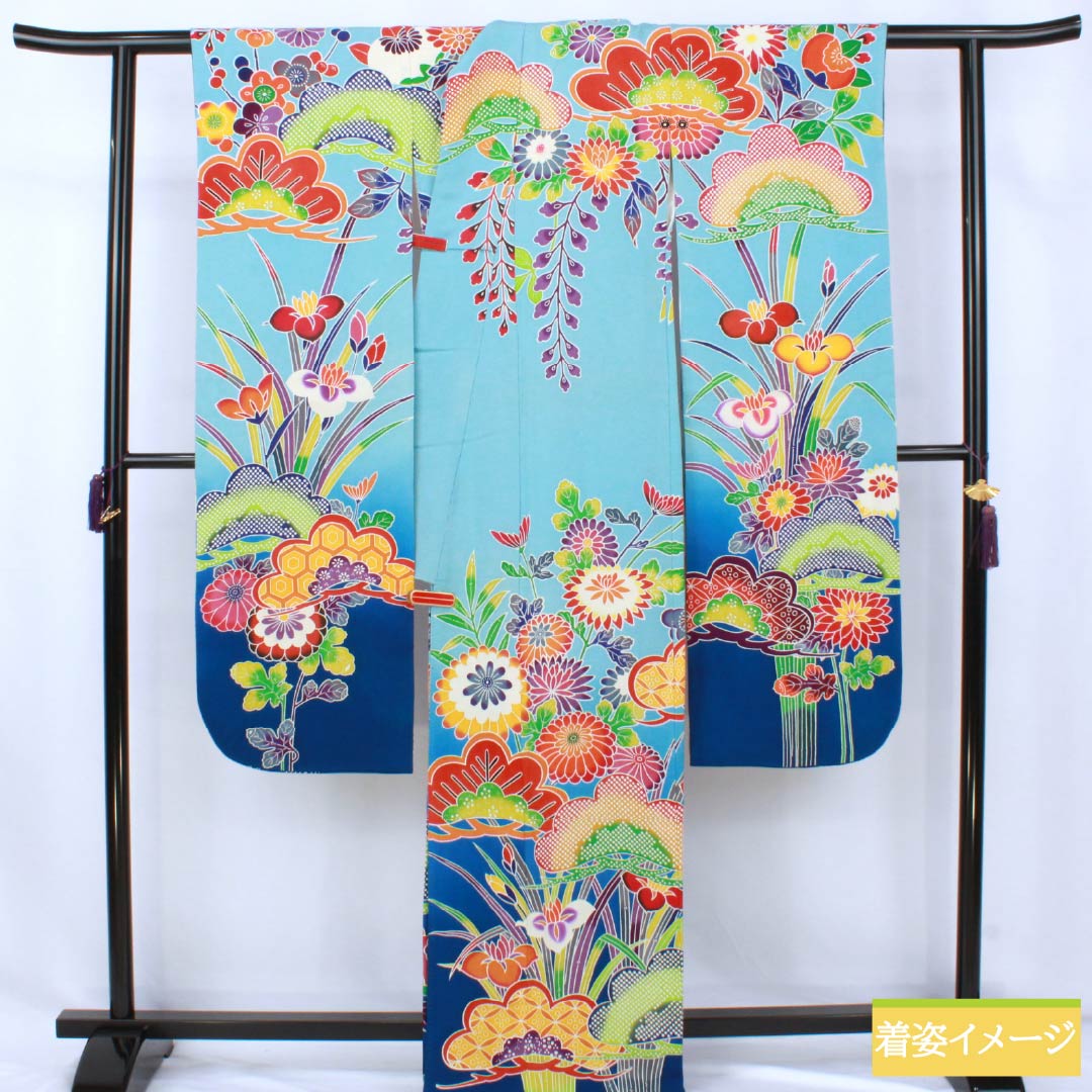 振袖 正絹 Aランク 身丈166.5cm 裄丈64.5cm 袷 水色(みずいろ) 京紅型 ちりめん地 吉祥文様 梅 松 水色系 1113002543524