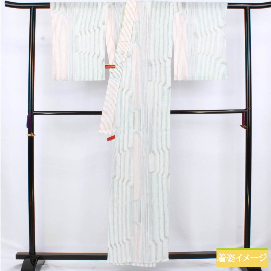 夏物 ポリエステル 小紋 身丈157.5cm 裄丈64.5cm 縞 洗える着物 刺繍 紗 Sランク 白系 1132002552311