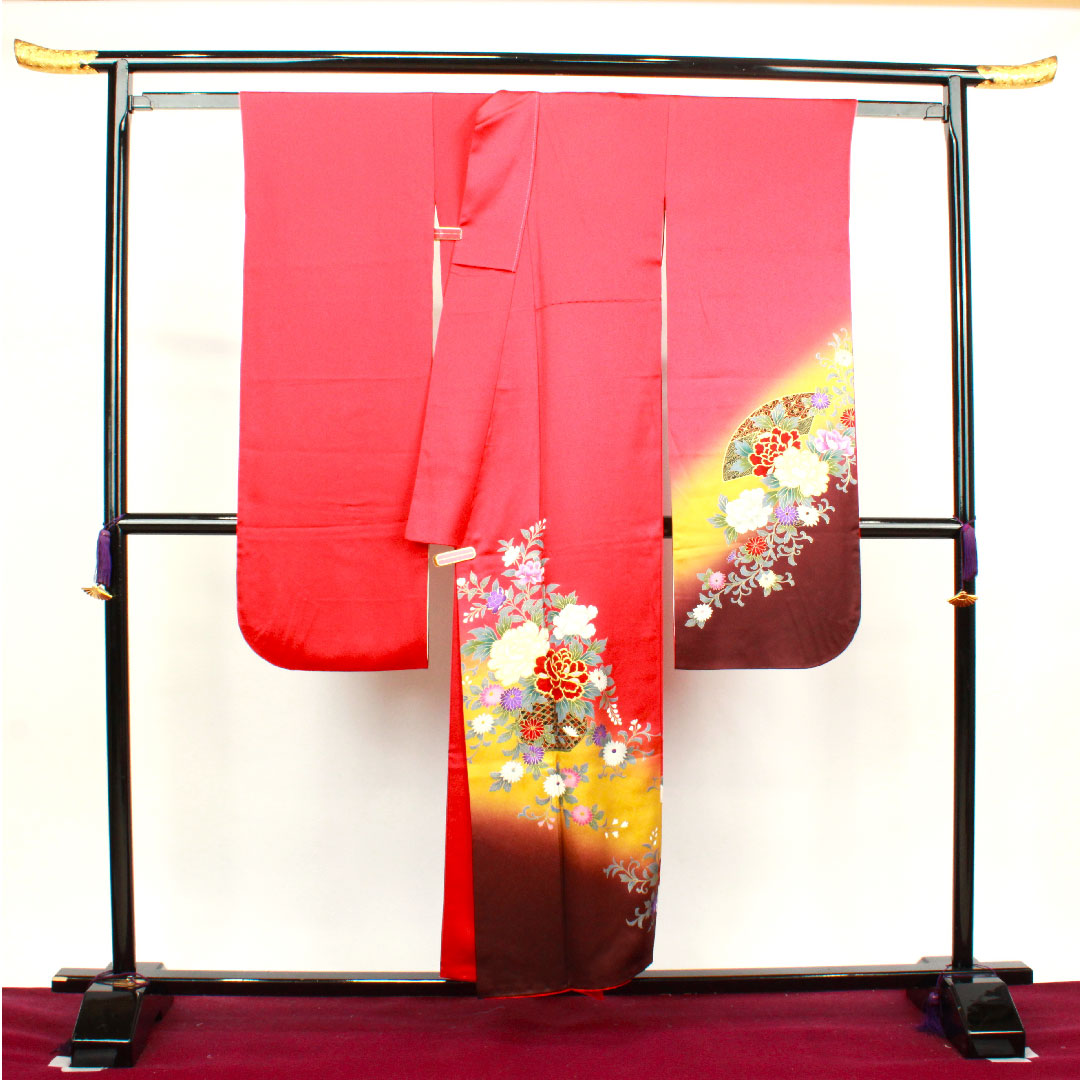 振袖 身丈153.5cm 裄丈63cm 袷 赤紅色 京友禅 草花模様 正絹 Aランク 赤系 1113001523212