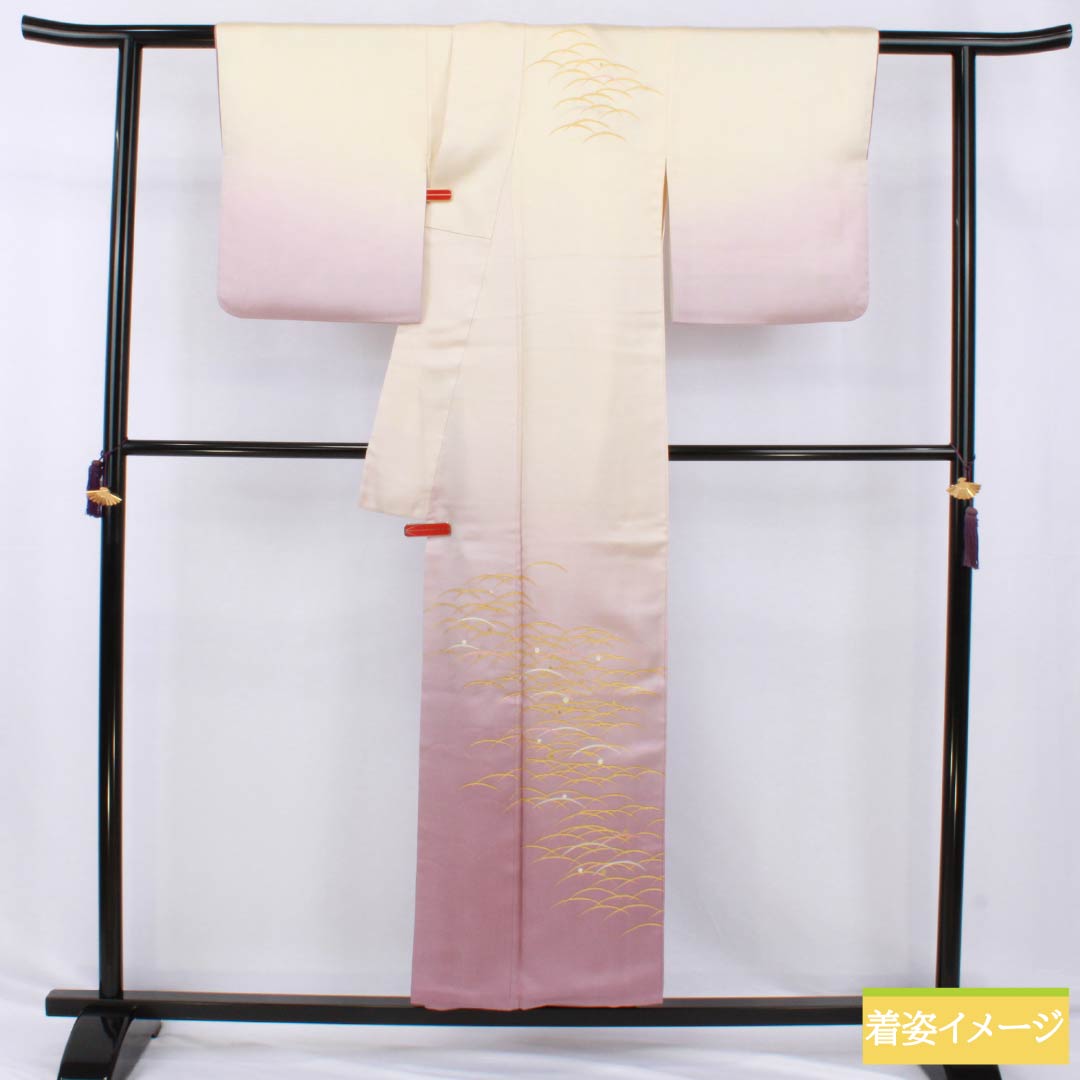 訪問着 正絹 Bランク 袷 身丈154.5cm 裄丈64cm 生成り色(きなりいろ) 福田喜重 人間国宝 一つ紋 上田家桐 刺繍 クリーム系 1112006824215