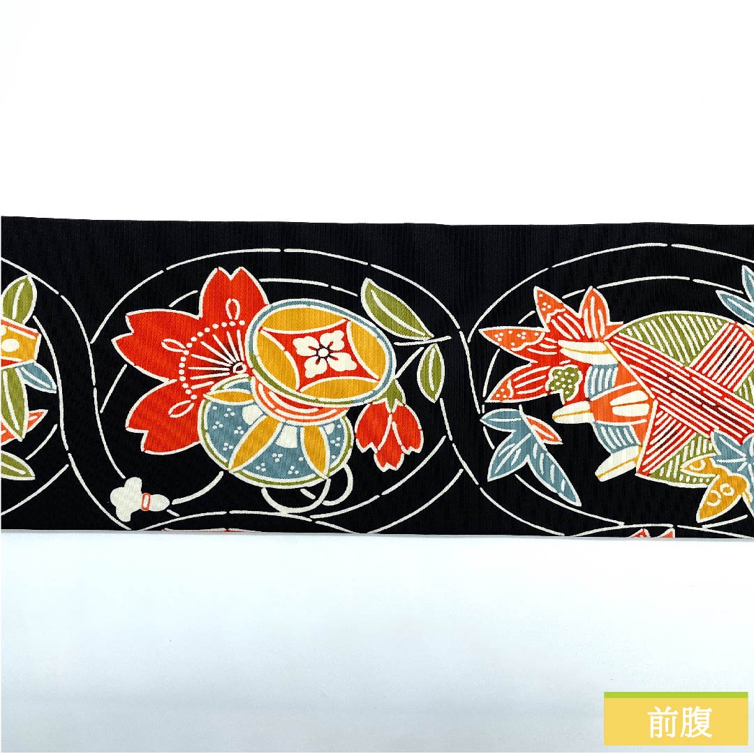 名古屋帯 黒色 型染 京紅型 鼓 糸巻き 蝶 玩具 帯丈368cm 正絹 Sランク 全通 カジュアル 黒系 1124005882310 名古屋仕立て