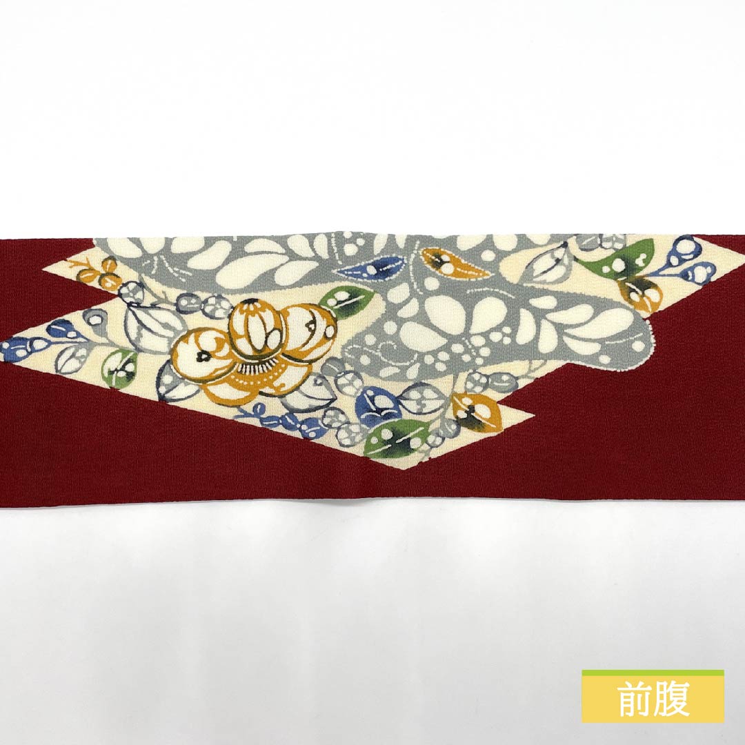 名古屋帯 海老色(えびいろ) ちりめん地 辻ヶ花 帯丈366cm 正絹 Sランク ポイント柄 カジュアル 朱系 1124007482316 名古屋仕立て