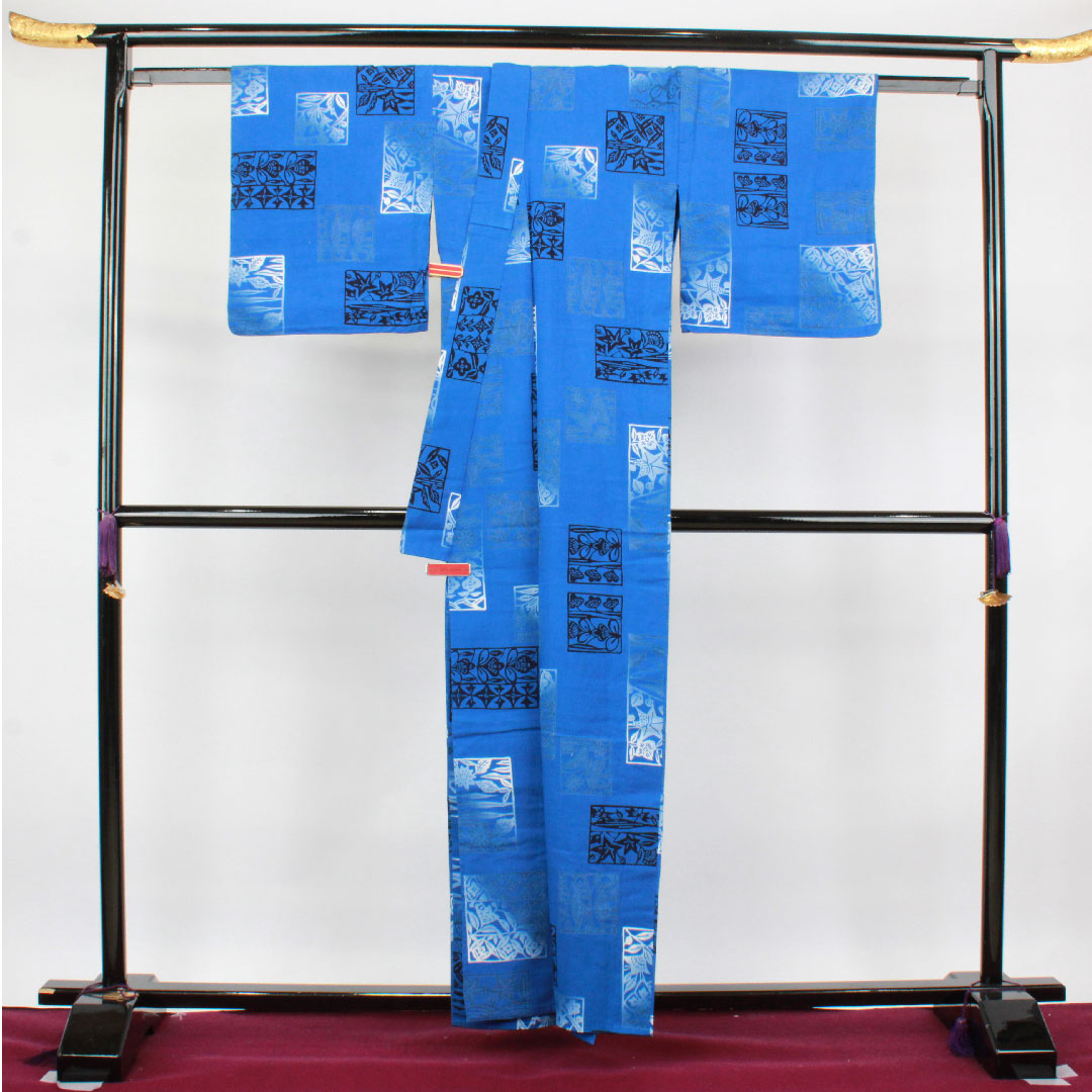 浴衣 碧瑠璃色 抽象模様 木綿 Sランク 単衣 身丈159cm 裄丈66.5cm 青系 1118002422317