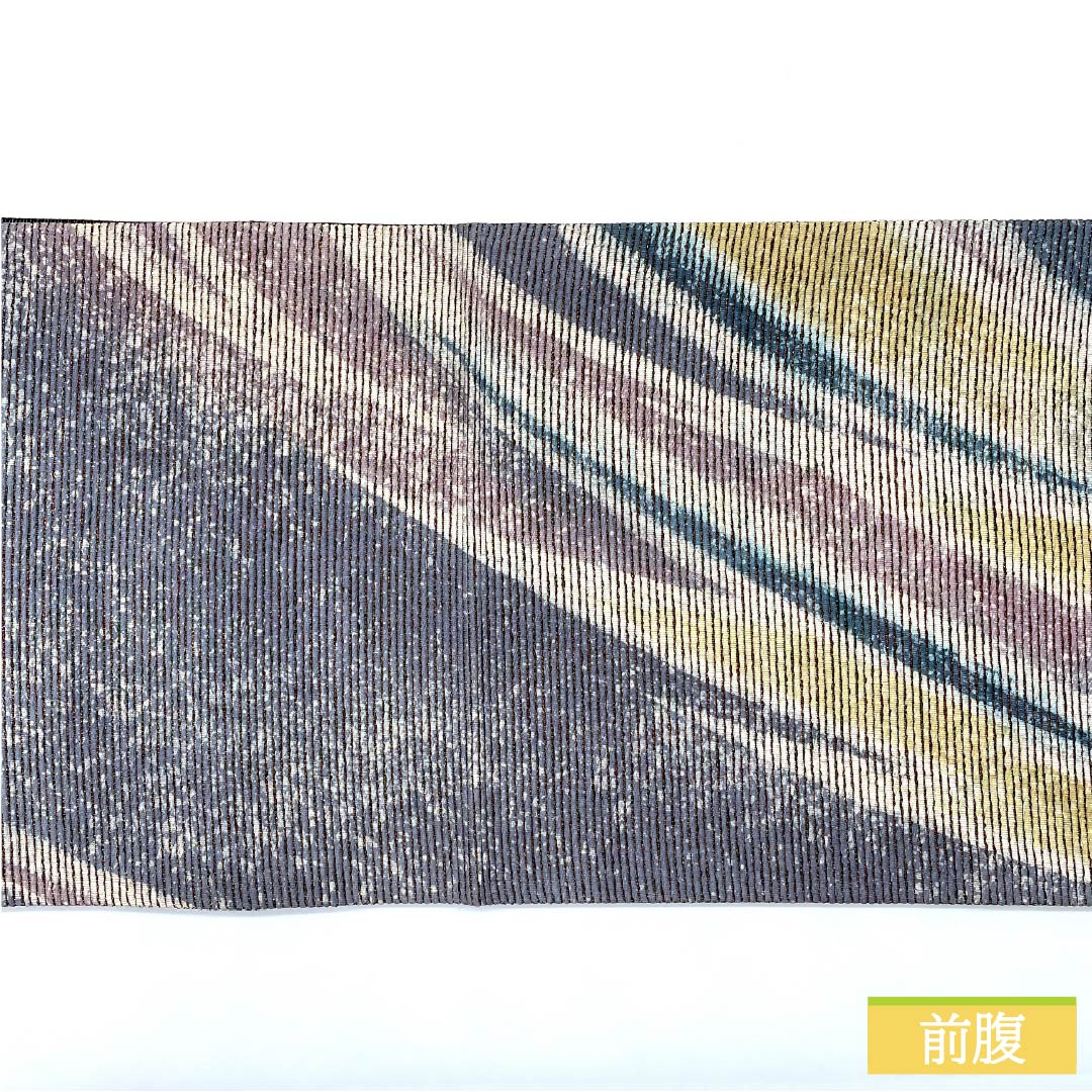 袋帯 正絹 錆鼠色(さびねずいろ) 西陣織 抽象模様 金糸入り 帯丈442cm Sランク 六通 セミフォーマル 青系 1123012692317