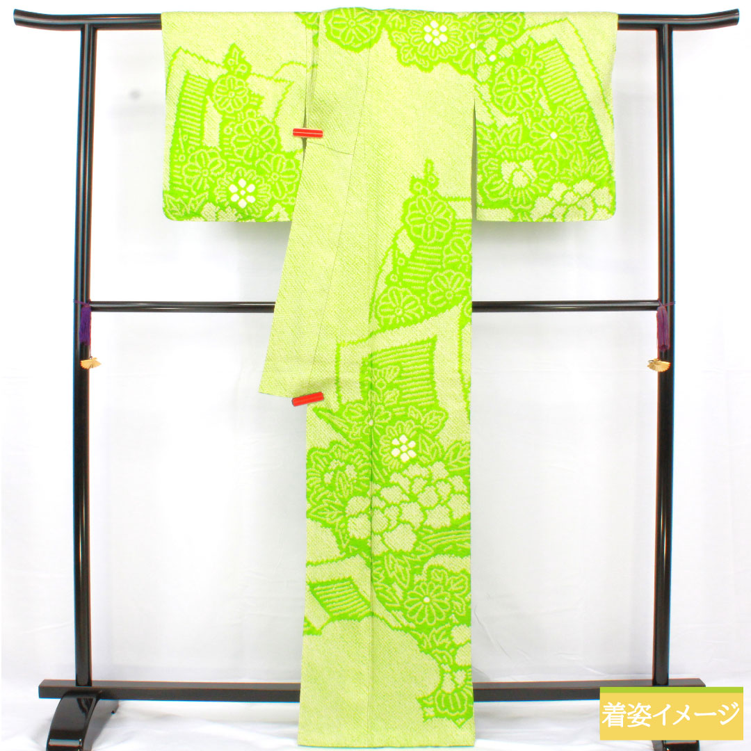 訪問着 正絹 袷 身丈165.5cm 裄丈63.5cm 黄緑色(きみどりいろ) 総絞り しつけ糸付き Aランク 緑系 1112005093519