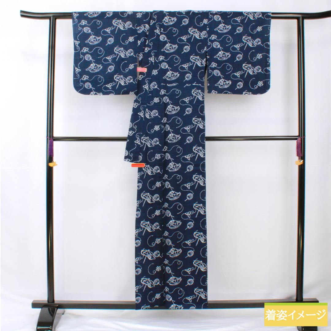 浴衣 木綿 身丈157cm 裄丈65cm Aランク 単衣 紺系 笠 扇面 1118005603318