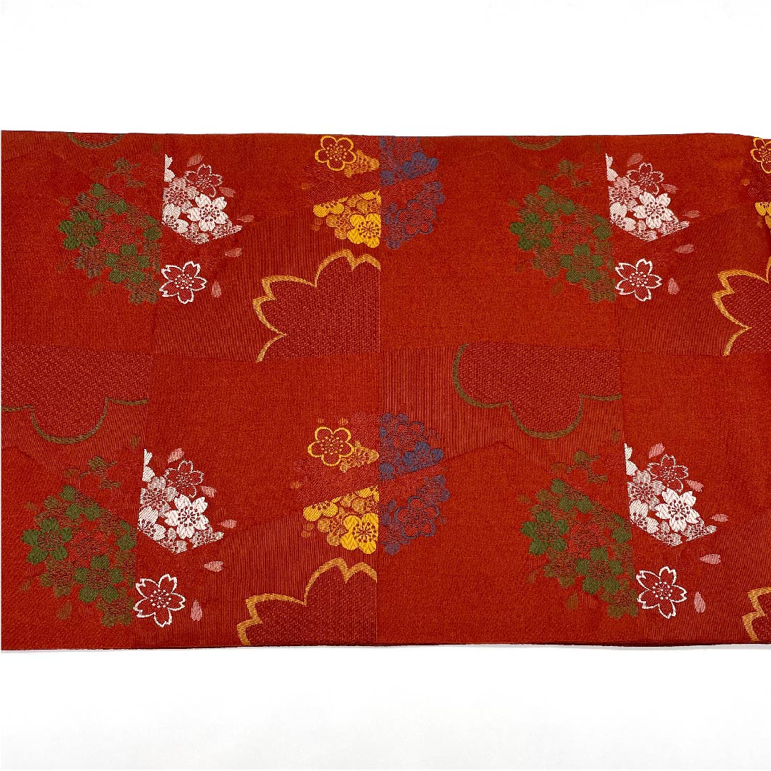 名古屋帯 京袋帯 生臙脂色 梅 桜 変わり市松 帯丈386.5cm ポリ Sランク 全通 セミフォーマル 朱系 1124003282316 開き仕立て