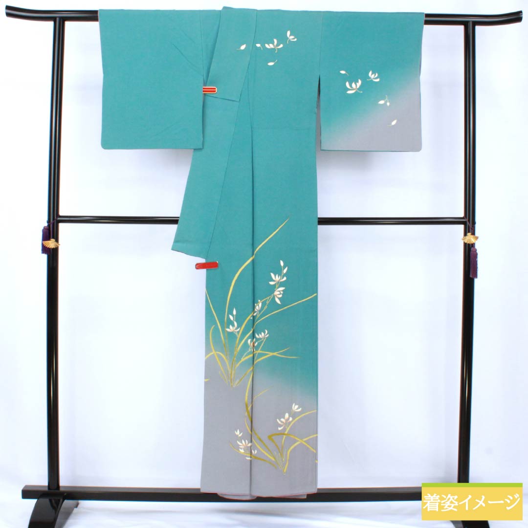 Visiting Kimono, Pure Silk, Grade A, Lined, Length 151.5cm, Sleeve Length 62cm, Oriiro (Ori-iro) Kyoto Yuzen Pattern, Floral Design, Blue, Item Number 1112007133217