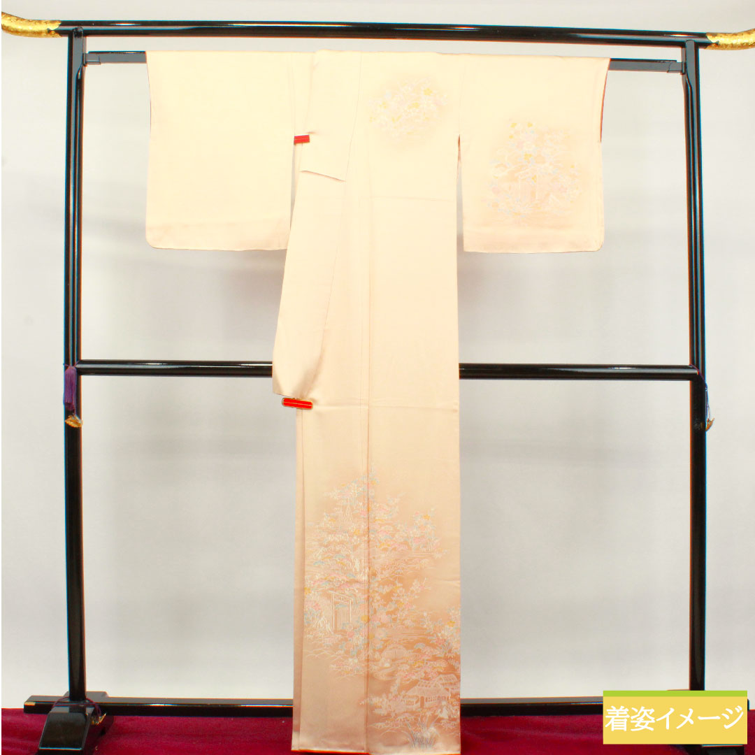 Homongi, pure silk, lined, length 164.5cm, sleeve length 66.5cm, light color, Kyo-Yuzen, floral pattern, Tango crepe, S rank, orange, 1112003502426
