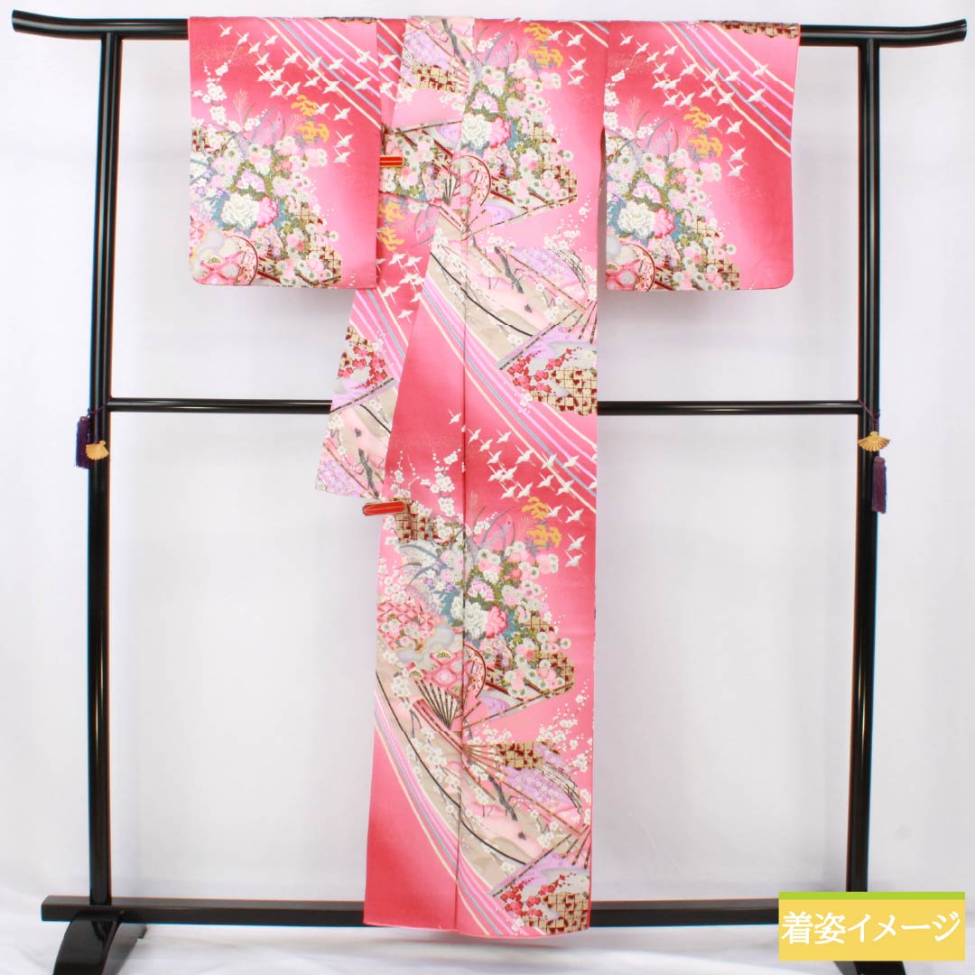 訪問着 正絹 Sランク 袷 身丈155.5cm 裄丈63cm 紅梅色(こうばいいろ) 京友禅 吉祥文様 鶴 梅 扇面 ピンク系 1112007362313