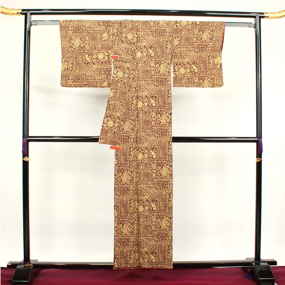 Komon, Length 156cm, Sleeve length 63.5cm, Awase, Iron black, Abstract pattern, Pure silk, S rank, Brown, 1115003422314