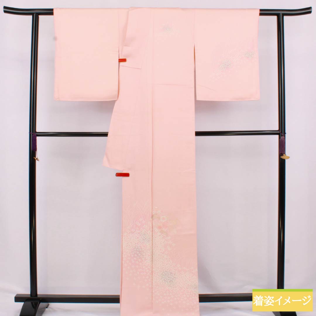 訪問着 正絹 Aランク 袷 身丈166cm 裄丈61.5cm 乙女色(おとめいろ) 京友禅 刺繍 草花 ピンク系 1112006273513