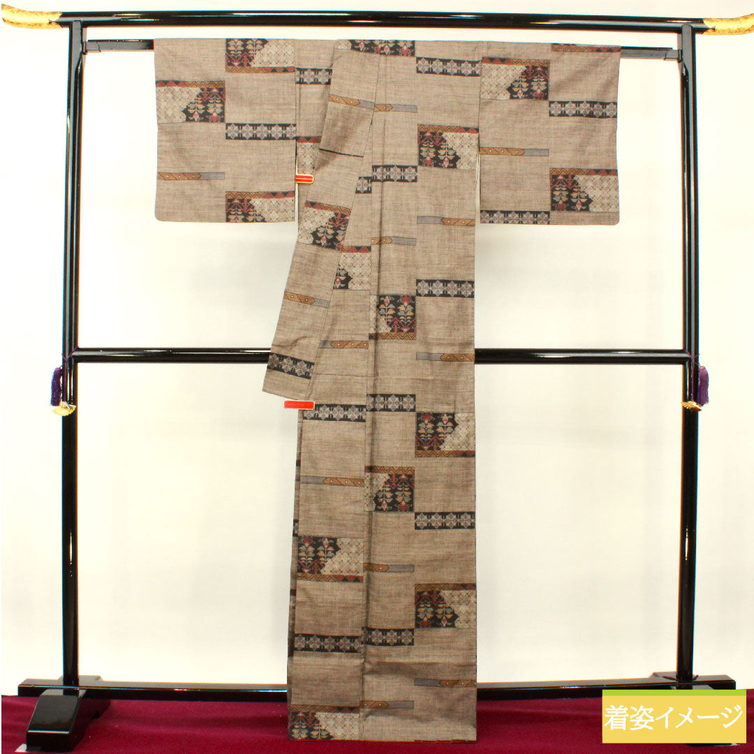 Silk pongee, Length 167.5cm, Sleeve length 66cm, Oshima pongee, 9 marks, Abstract pattern, A rank, Lined, Brown, 1116003373514