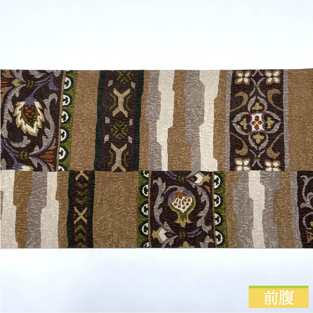 袋帯 正絹 団栗色(どんぐりいろ) リバーシブル 花唐草 幾何学模様 帯丈448cm Sランク 全通 カジュアル 茶系 1123012462314