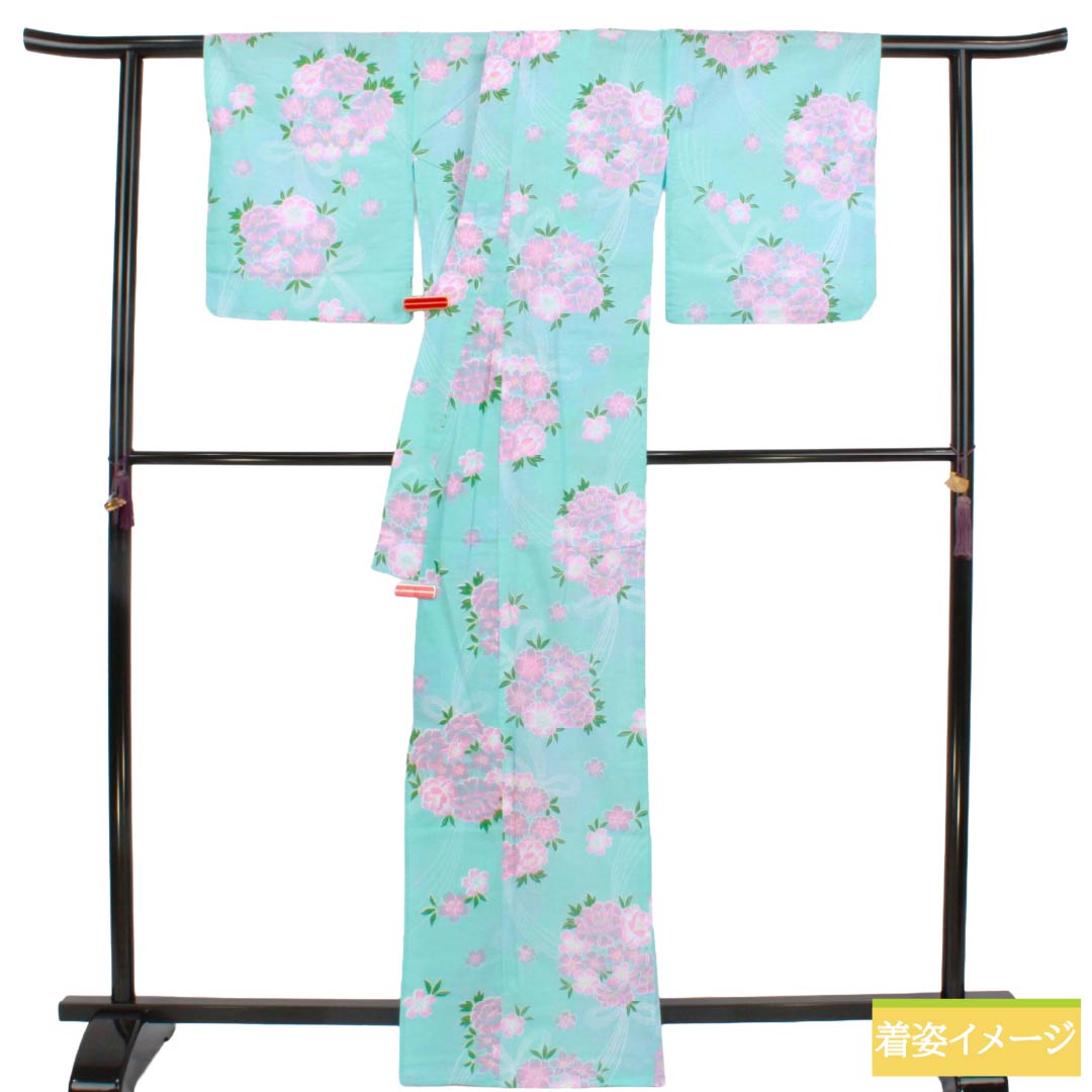 浴衣 木綿 Sランク 身丈165.5cm 裄丈66cm 桜 単衣 水色系 1118007072524