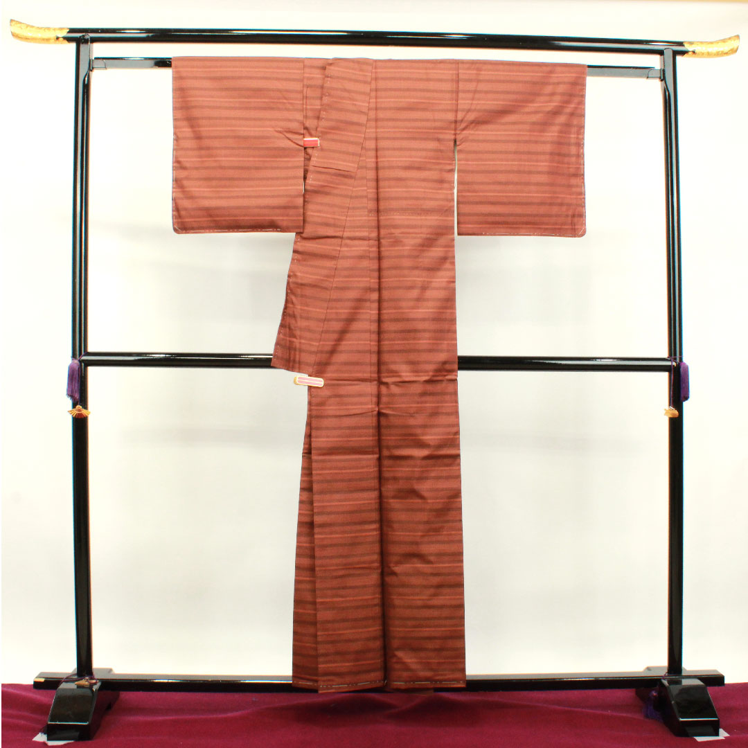 紬 正絹 身丈155.5cm 裄丈62.5cm 横段 Aランク 袷 茶系 1116002793314