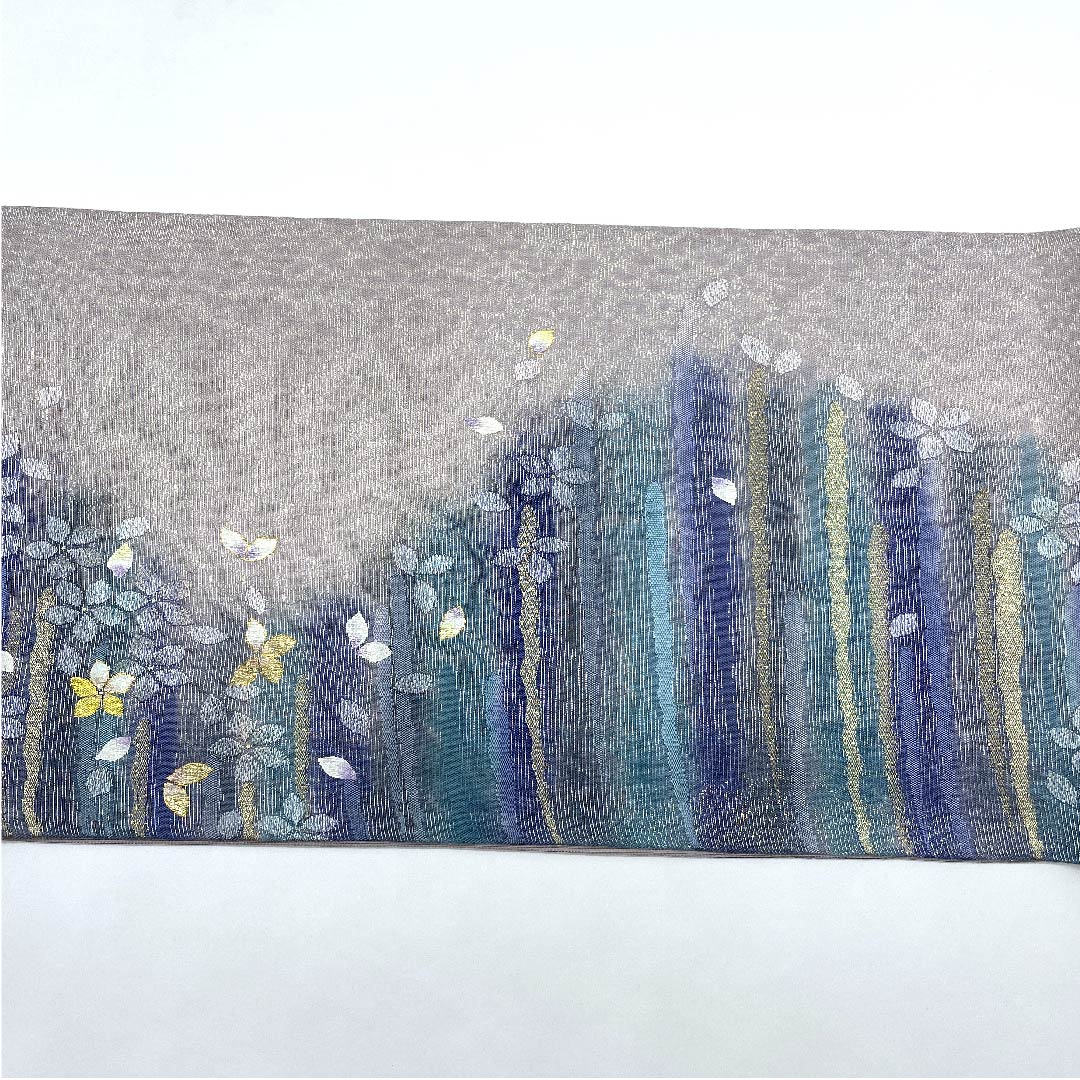 Fukuro Obi (Fukuro obi) in Komachi gray, classic pattern, small cherry blossoms, obi length 428cm, pure silk, S rank, six-pass, semi-formal, gradation style, 1123008712399