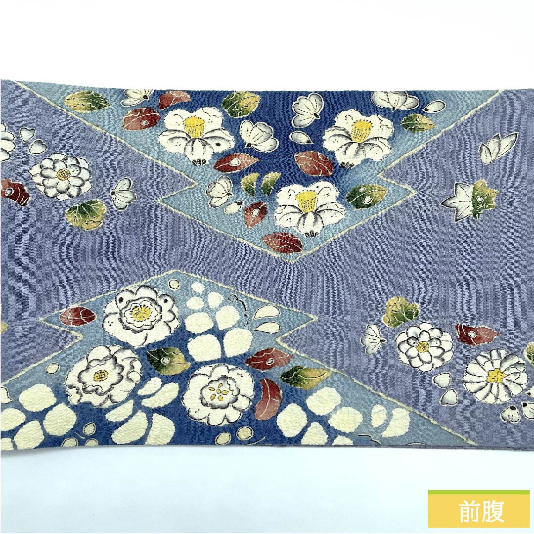 名古屋帯 青袋鼠色(せいたいねずいろ)辻ヶ花 松皮菱 ちりめん地 帯丈364cm 正絹 Aランク ポイント柄 カジュアル 青系 1124006223317 開き仕立て