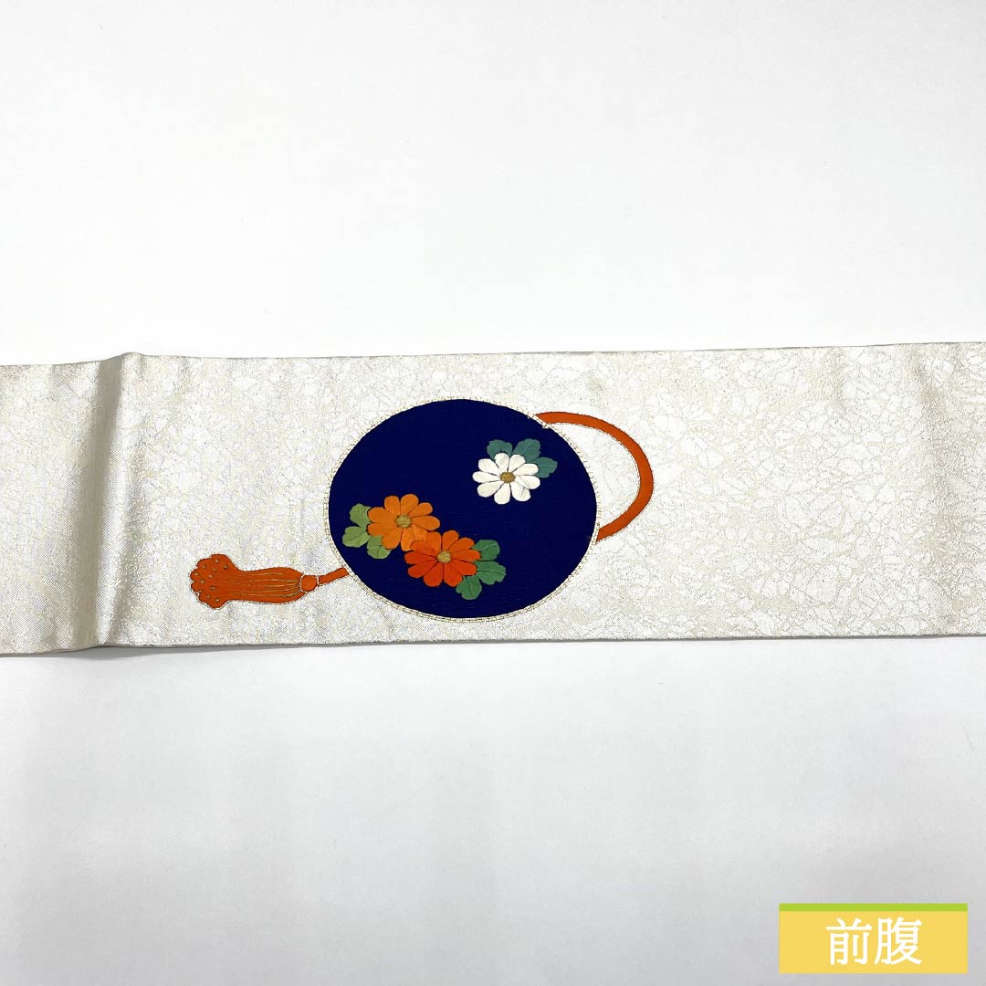 名古屋帯 正絹 Aランク 刺繍 組紐 花紋 椿 帯丈358cm ポイント柄 セミフォーマル 銀系 1124010663322 名古屋仕立て