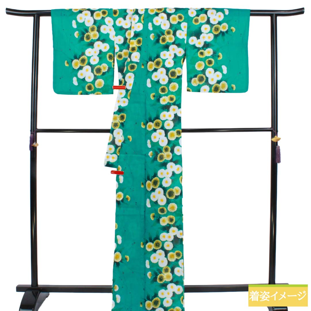 浴衣 木綿 Sランク 身丈167.5cm 裄丈66.5cm 中藍色(なかのあいいろ) 綿紅梅 菊 単衣 緑系 1118007082519