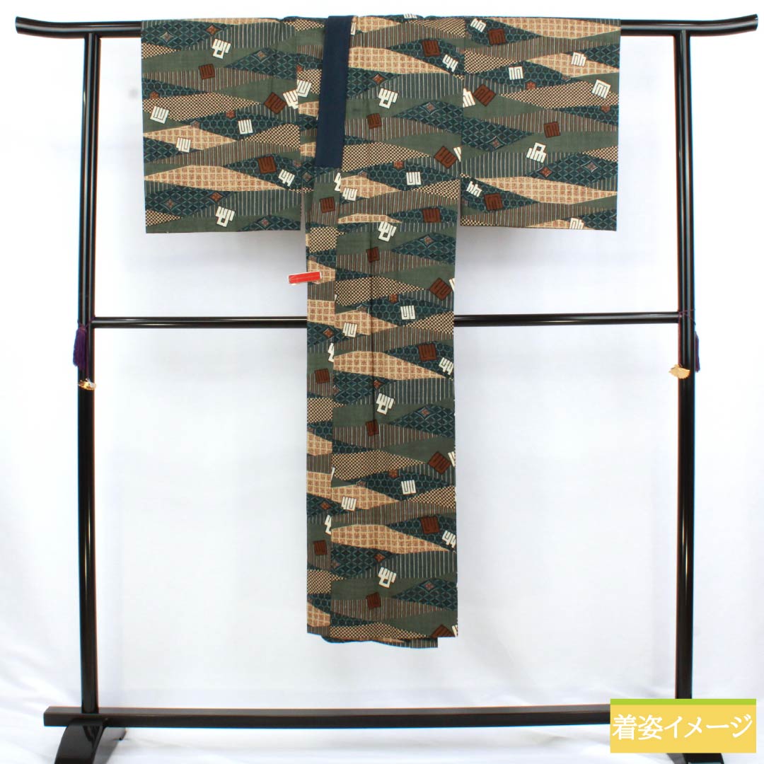 Men's wool nagajuban (long under-kimono), S-rank, length 136.5cm, sleeve length 68cm, pine-nezu-iro (pine-nezu gray) color, Genjiko design, geometric pattern, single-layer, green, 1140000702319