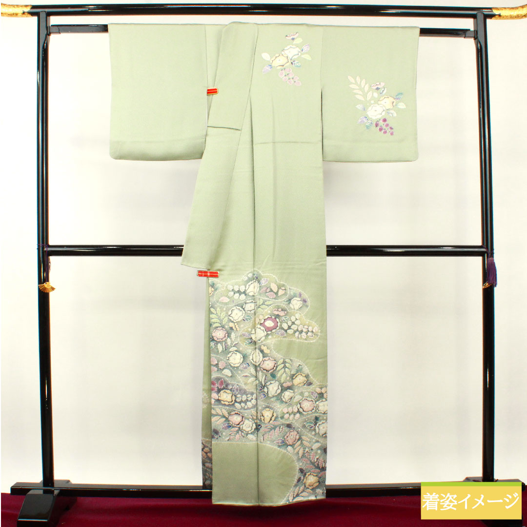 訪問着 正絹 袷 身丈158.5cm 裄丈62.5cm 薄緑色 桐屋翠山工房謹製 辻ヶ花 Aランク 緑系 1112003603319
