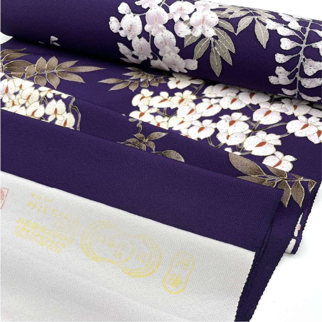 反物 小紋 正絹 茄子紺色(なすこんいろ) 丹後ちりめん 下り藤 花柄 NEWランク 紫系 1130001031920