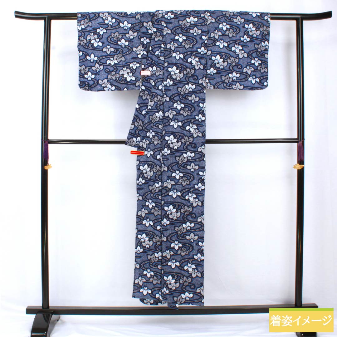 浴衣 木綿 身丈151.5cm 裄丈62cm Sランク 単衣 紺系 濃紺色(のうこんいろ) リップル 流水 アヤメ 1118005362218