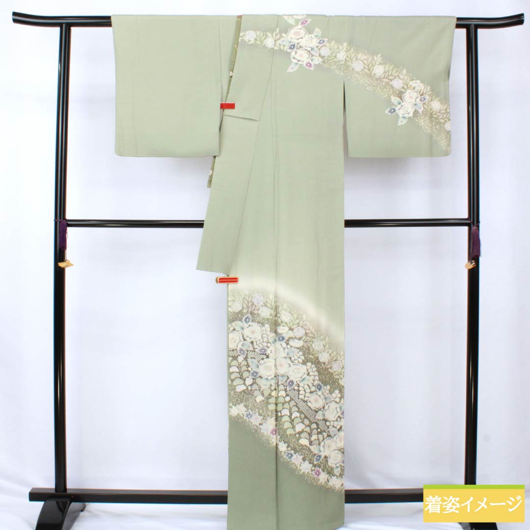 訪問着 正絹 Aランク 袷 身丈163cm 裄丈65.5cm 龍泉青瓷釉色(ロンチュエンチンツーユースーいろ) 京友禅 一つ紋 丸に梅鉢 縫い紋 辻ヶ花 緑系 1112006413419