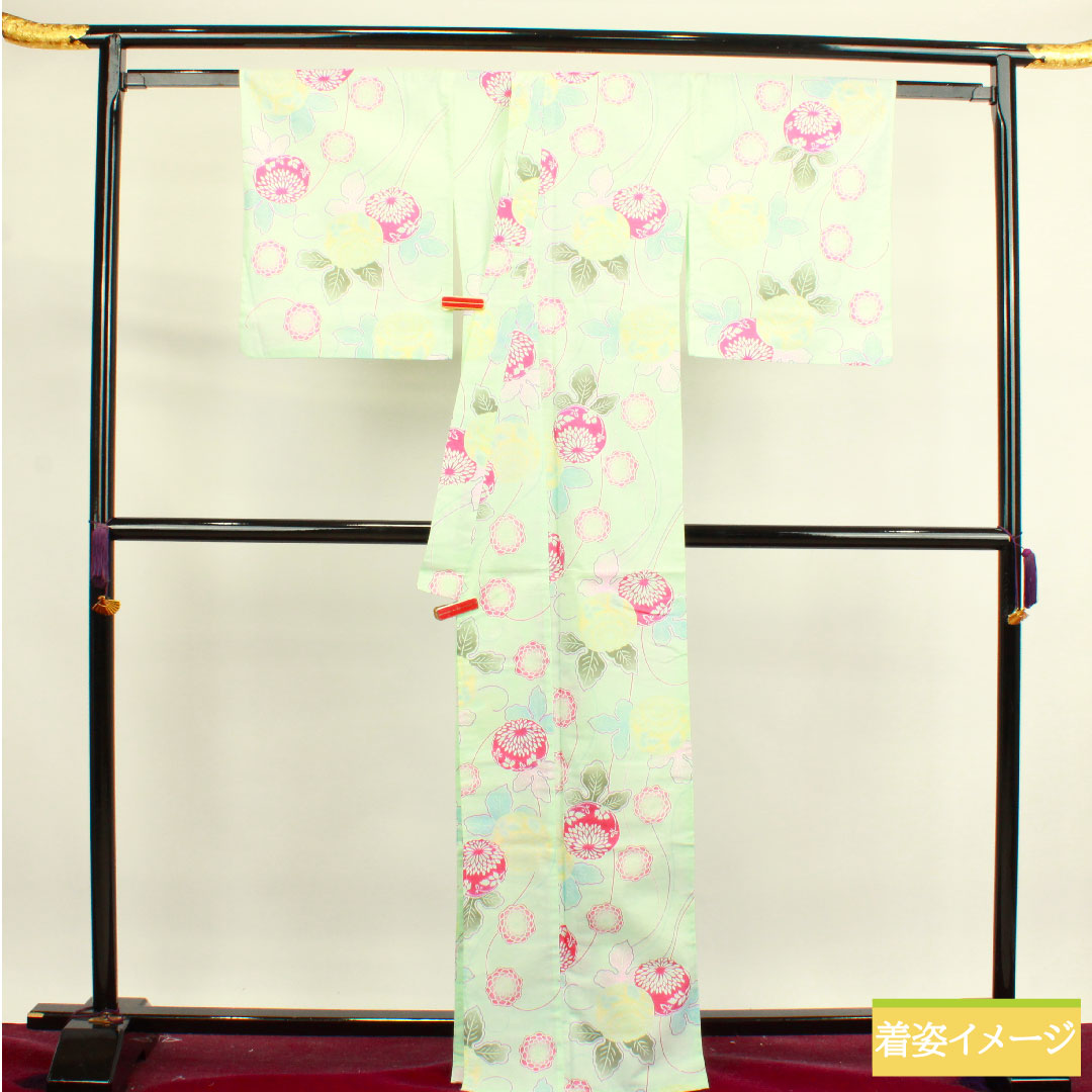 Yukata Cotton Length 167.5cm Sleeve length 66.5cm S rank Single layer Greenish white-green Abstract flower 1118004632519
