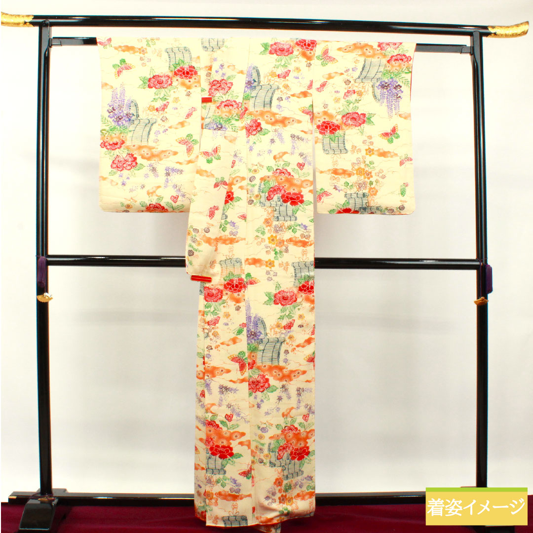小紋 正絹 身丈161.5cm 裄丈65cm 袷 鳥の子色 型染 草花模様 Sランク クリーム系 1115003762415
