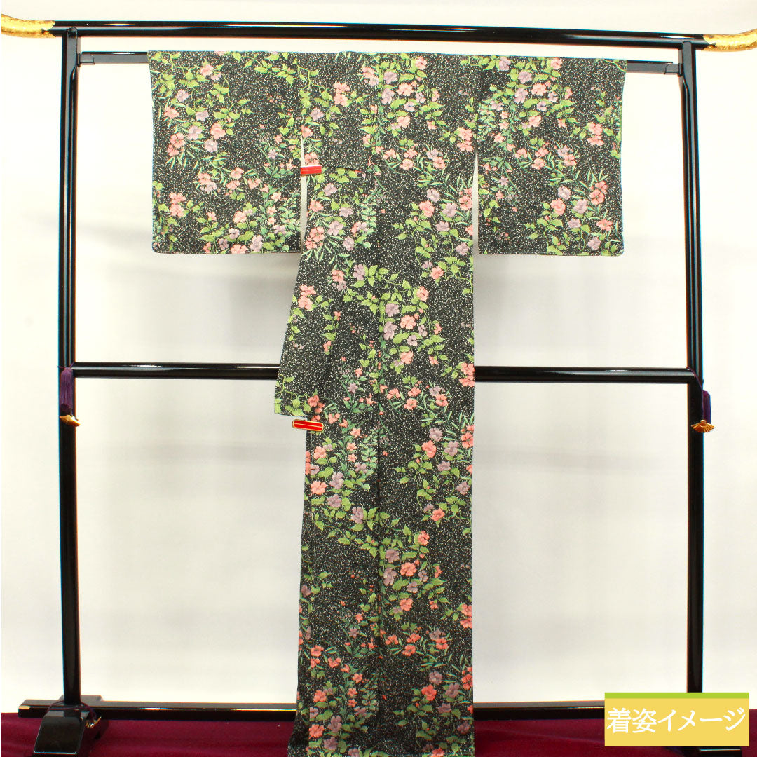 Small pattern, polyester, length 166cm, sleeve length 67cm, lined, washable kimono, floral pattern, taped dyeing, with basting thread, S rank, black, 1115003982510