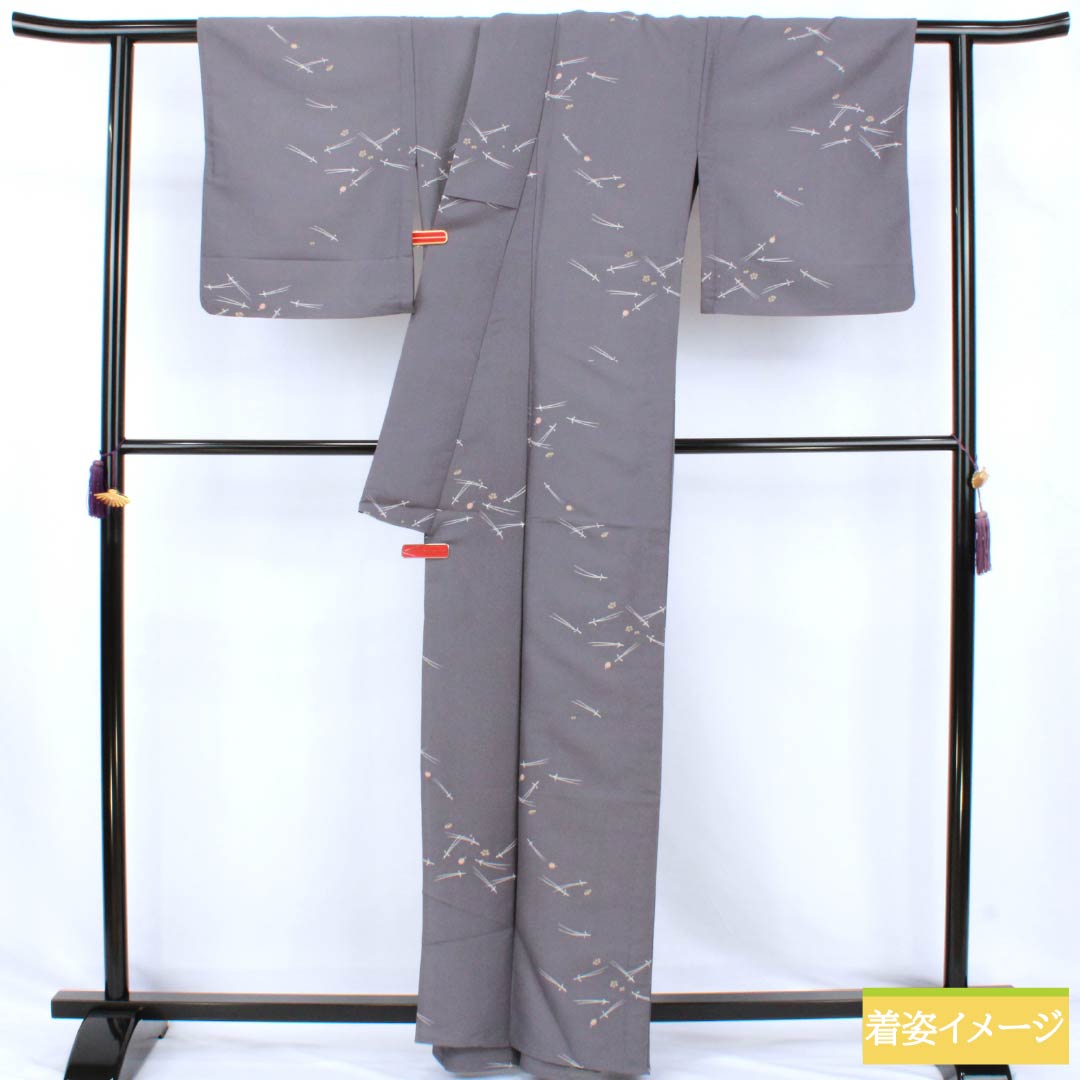 Polyester Komon, S-rank, Length 163cm, Sleeve-to-sleeve 65.5cm, Unlined, Nezumi-shino color (grayish brown), Katazome Pine, Bamboo and Plum, Washable Kimono, Gray tones, 1115007942422