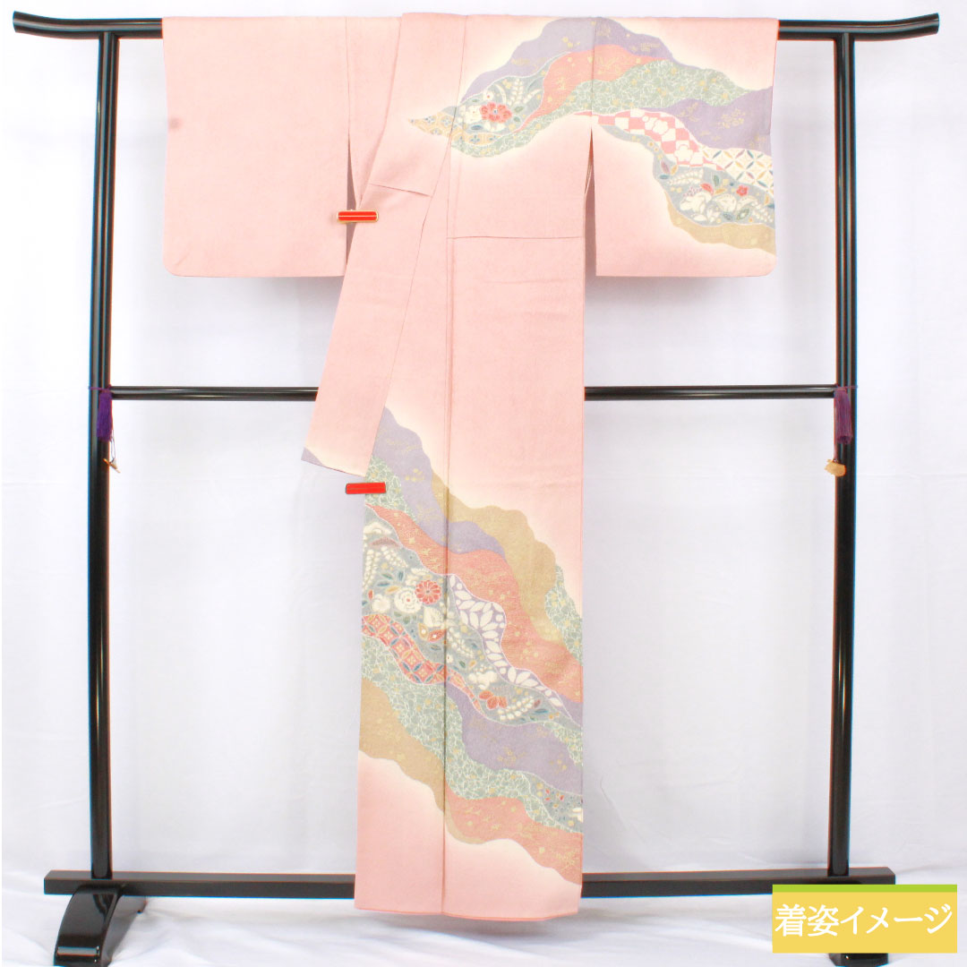 訪問着 正絹 袷 身丈159cm 裄丈63.5cm 東雲色(しののめいろ) 京友禅 辻ヶ花 Aランク ピンク系 1112005673313