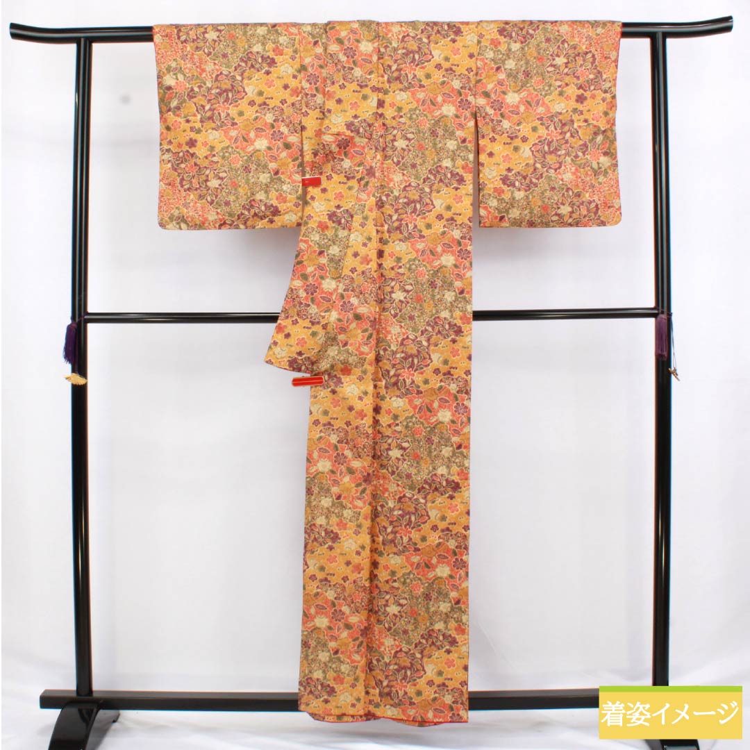 小紋 ポリエステル 身丈158.5cm 裄丈63.5cm 袷 型染 雲取り 総花 洗える着物 Aランク グラデーション系 1115006093399