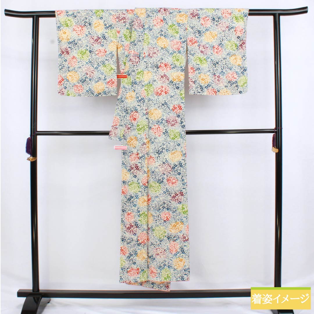 小紋 正絹 身丈147cm 裄丈64cm 袷 生成り色(きなりいろ) 型染 抽象模様 しつけ糸付き Aランク 白系 1115006123111