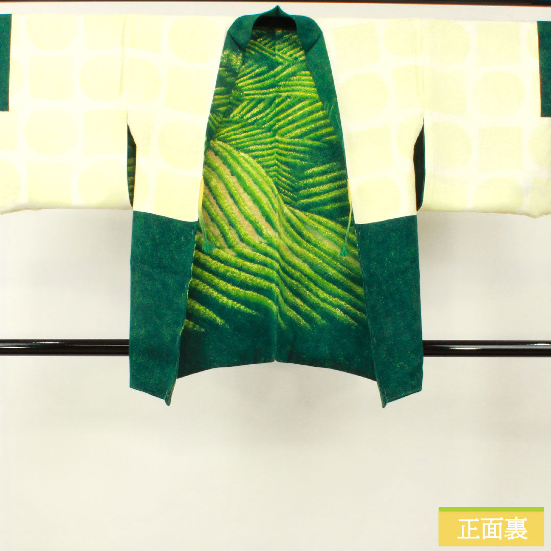 Haori (Japanese traditional coat) made of pure silk, length 83.5cm, sleeve length 67cm, iridescent color, wax-resist dyeing, abstract pattern, with basting thread, S rank, lined, green, 1117001042919