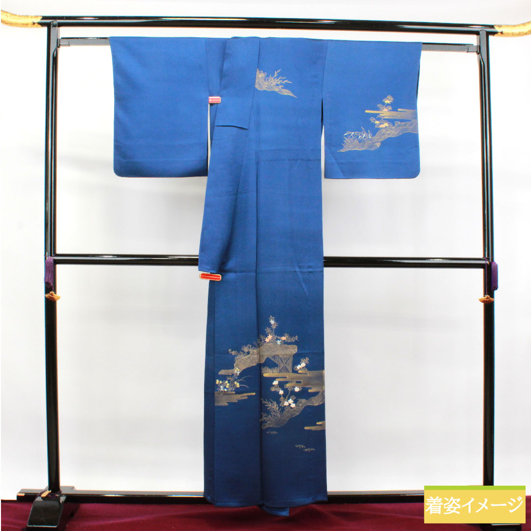 訪問着 正絹 単衣 身丈154.5cm 裄丈63.5cm 濃桔梗色 金彩加工 草花模様 Sランク 紺系 1112003352218
