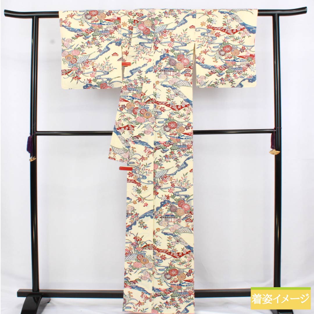 Komon (small pattern) kimono, pure silk, length 164cm, sleeve length 63.5cm, lined, light egg-colored (usutamagoiro) stencil-dyed, Chayatsuji, tsumugi fabric, S rank, cream, product number 1115006172415