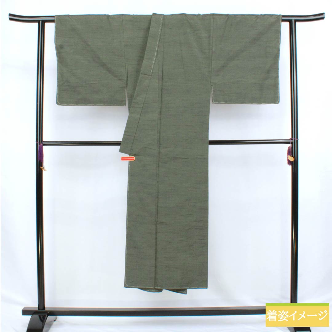 男物 正絹 Sランク 身丈142cm 裄丈71cm 鈍色(にびいろ) ひげ紬 しつけ糸付き アンサンブル 袷 緑系 1119001062419