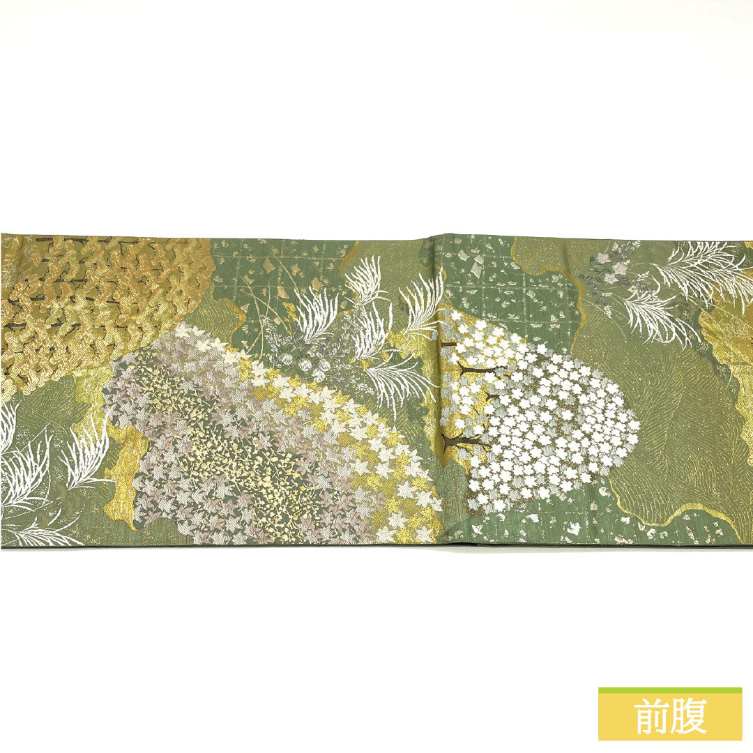 Fukuro Obi (Sash), Pure Silk, Grade A, 900 Nishijin Weave, Four Seasons of Arashiyama, Length 434cm, Six-Ply, Formal, Green, 1123016953319