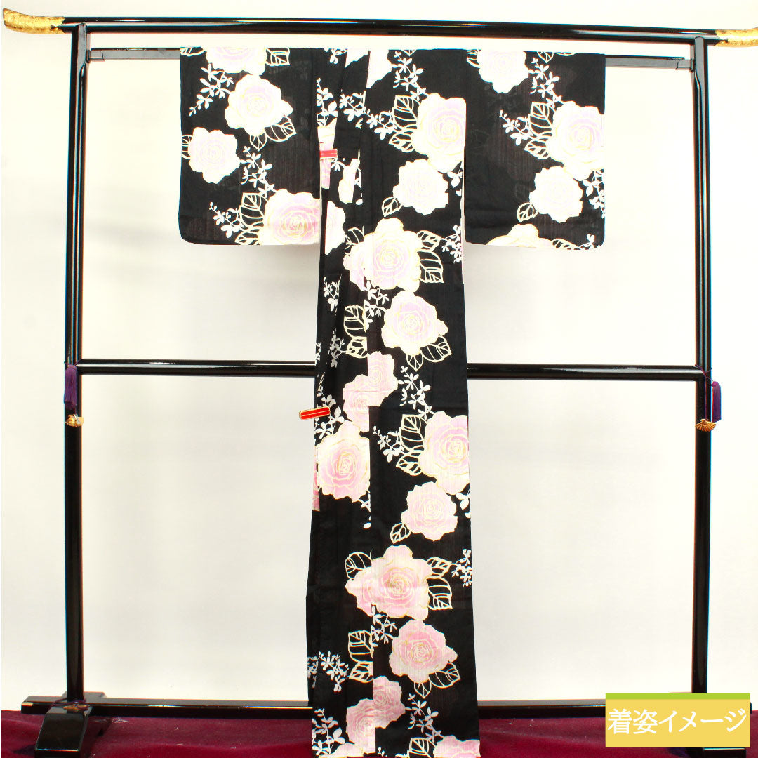Yukata Cotton Length 166cm Sleeve length 65cm S rank Single layer Black Rose 1118004562510