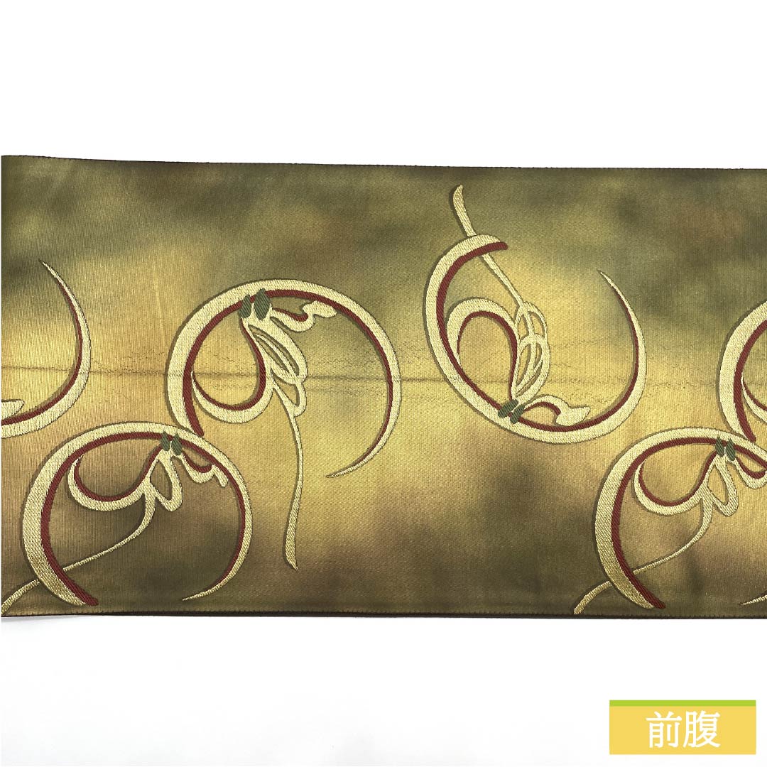 袋帯 正絹 黄橡色(きつるばみいろ) 抽象模様 帯丈432cm Aランク 六通 セミフォーマル 金系 1123012323321