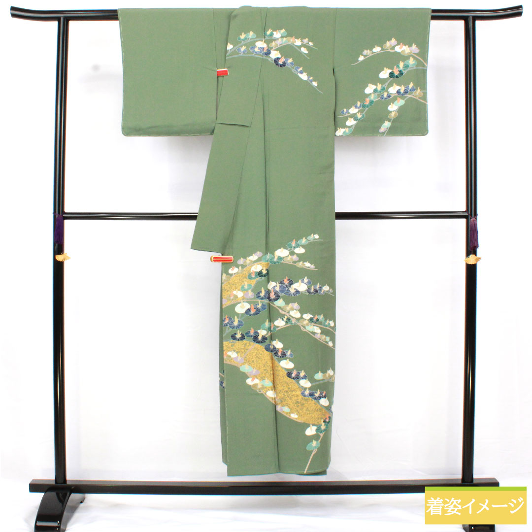 訪問着 正絹 袷 身丈146.5cm 裄丈60cm 琅玕色(ろうかんいろ) 京友禅 抽象模様 しつけ糸付き 未使用品 Sランク 緑系 1112005102119
