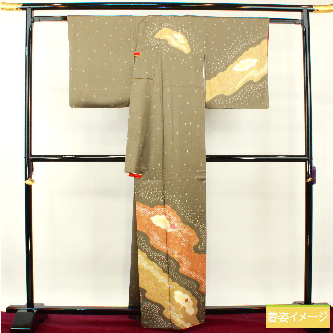 訪問着 正絹 袷 身丈162.5cm 裄丈66.5cm 砂色 刺繡 部分絞り スーパー鈴ガード Sランク グレー系 1112003632422