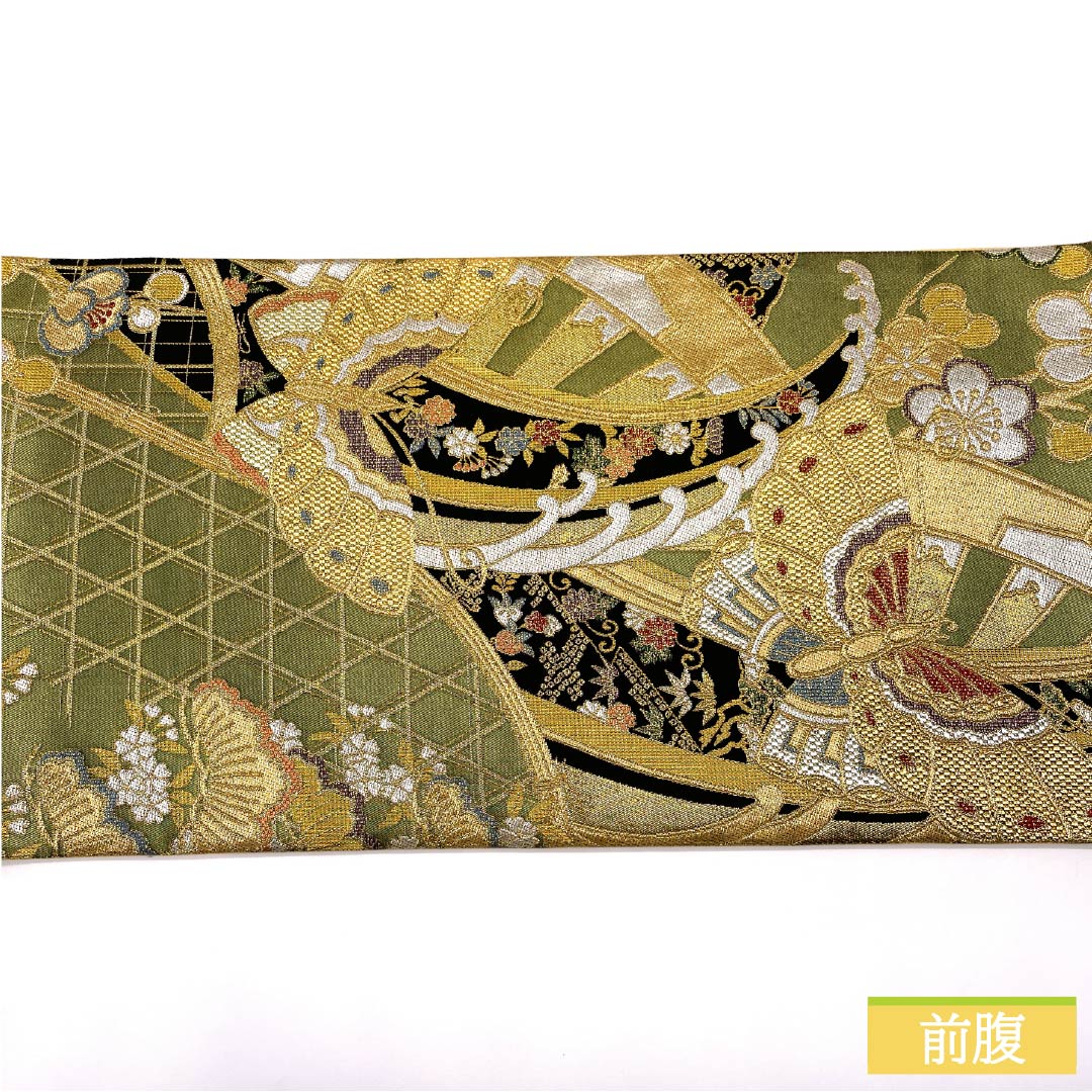袋帯 正絹 織部色(おりべいろ) 振袖用 蝶 松竹梅 桜 帯丈428cm Sランク 六通 フォーマル 緑系 1123013392319