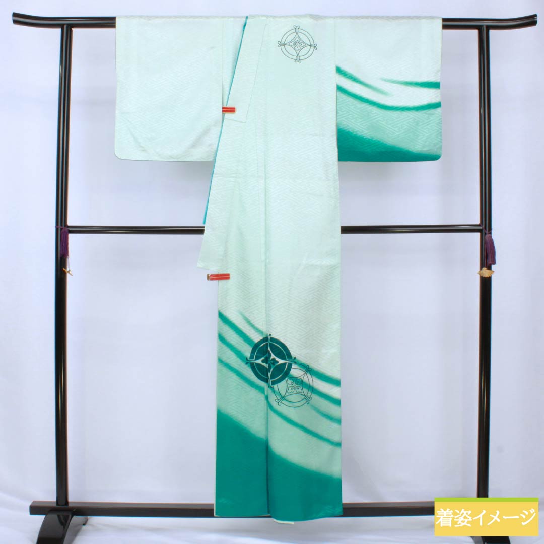 訪問着 ポリエステル Aランク 胴抜き 身丈156cm 裄丈64cm 薄水色(うすみずいろ) 半衿付き 踊り衣装 紗綾形 緑系 1112006383319