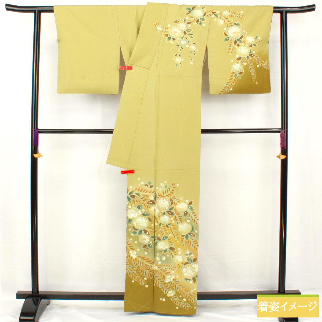 訪問着 正絹 袷 身丈162cm 裄丈62.5cm 薄柳色(うすやなぎいろ) 辻ヶ花 ちりめん地 重ね衿付き しつけ糸付き Sランク 緑系 1112005202419