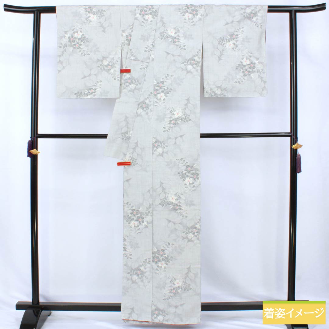 紬 正絹 Sランク 身丈161.5cm 裄丈64.5cm 白鼠色(しろねずいろ) 草花模様 袷 グレー系 1116005082422