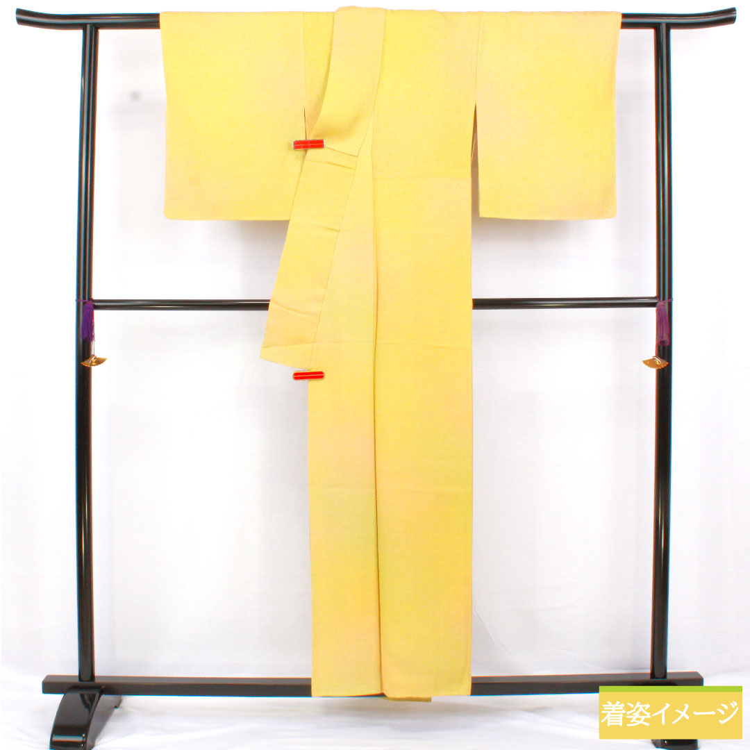 色無地 正絹 身丈156cm 裄丈63cm 一つ紋 丸に四ツ目菱 袷 Sランク 黄系 1114001922323